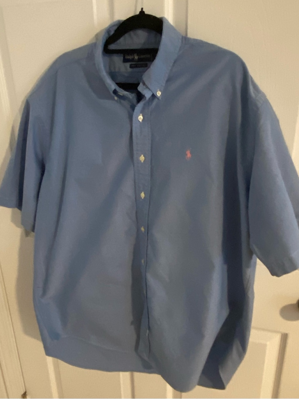 Ralph Lauren Button-Down Short Sleeve Shirt in Light Blue with Pink Pony